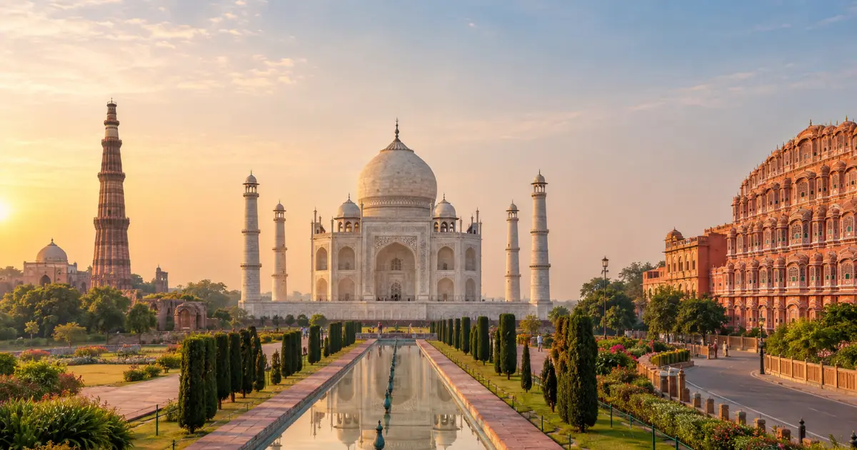 Golden Triangle India itinerary featuring Taj Mahal, Qutub Minar and Hawa Mahal