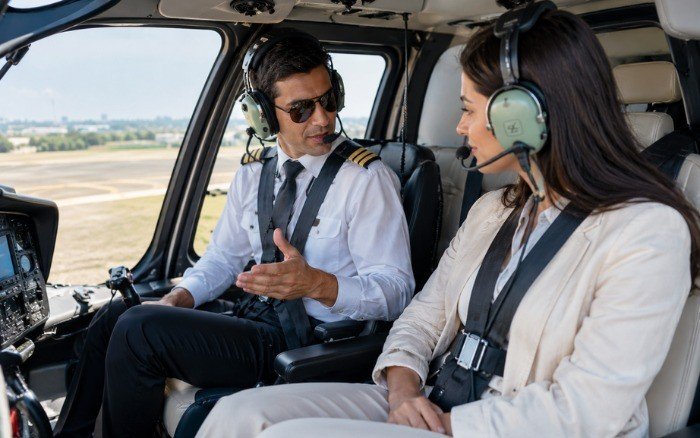 Taj Mahal Helicopter Tour Safety briefing between a pilot and passenger wearing aviation headsets inside a helicopter cockpit.