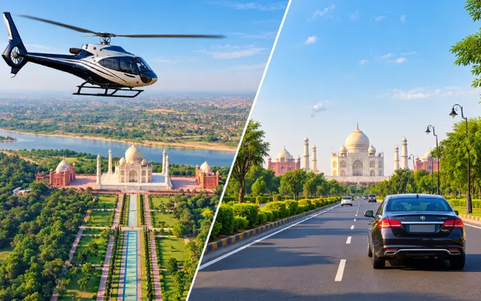 Taj Mahal helicopter vs car tour comparison